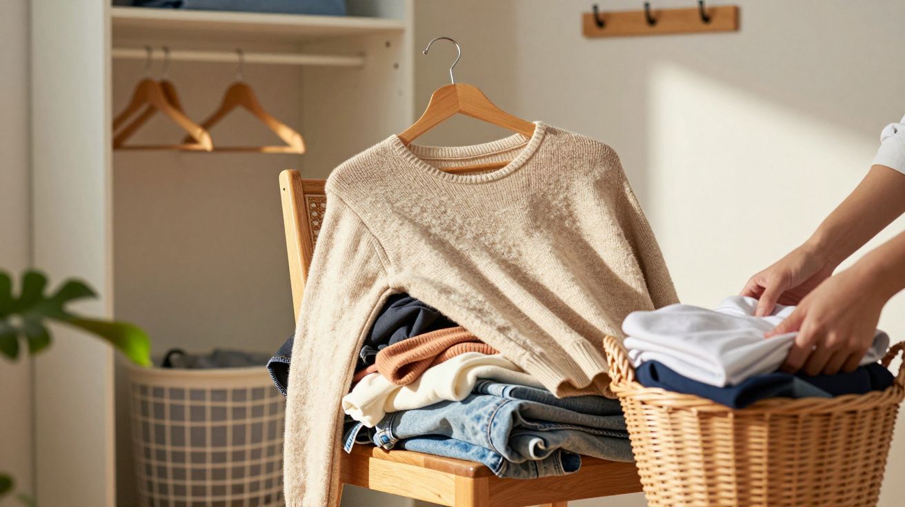 Pessoa a dobrar roupa junto a uma cadeira com roupas, cabide ao fundo e cesto de roupa vazio à esquerda.