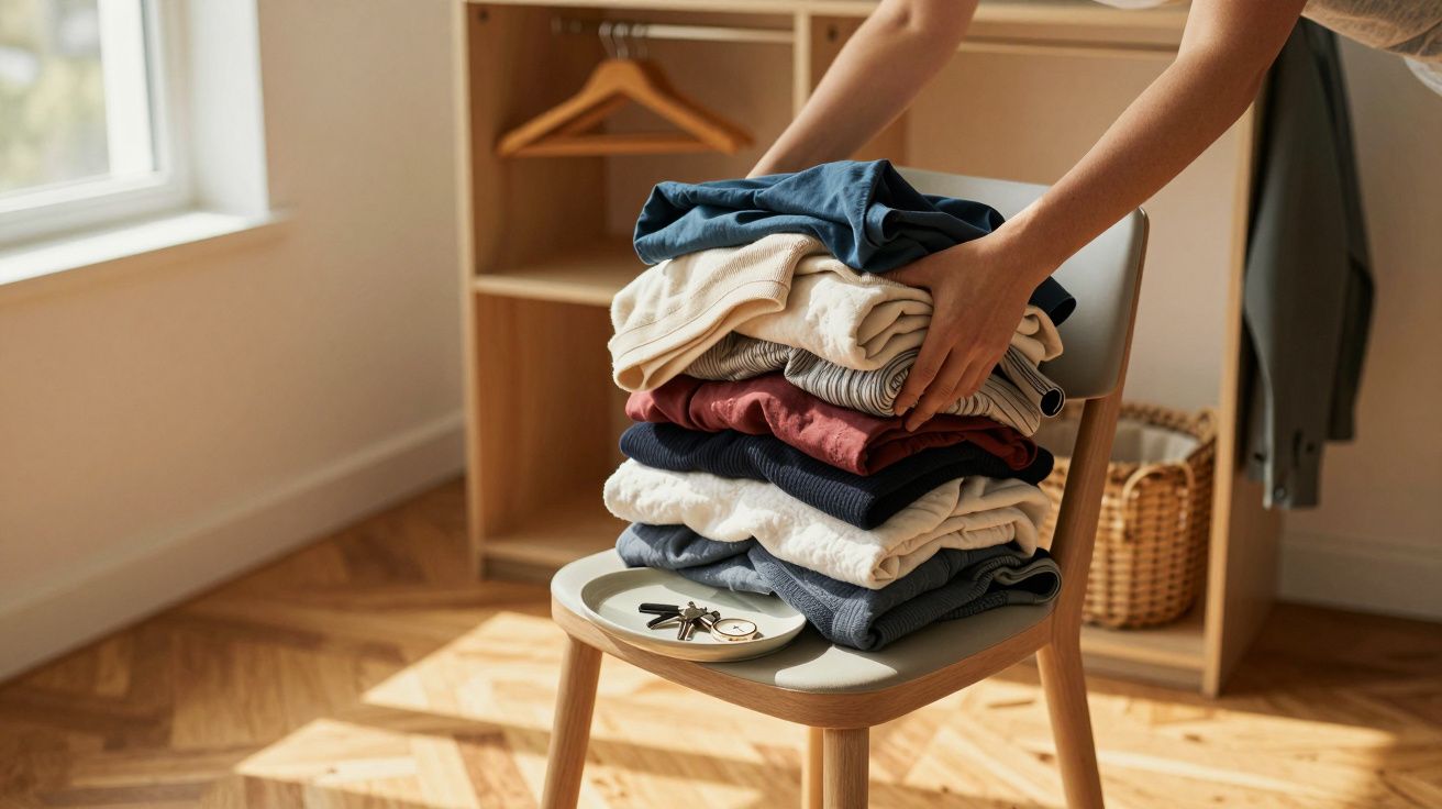 Pessoa a arrumar uma pilha de roupa dobrada numa cadeira ao lado de cesto, num quarto iluminado.
