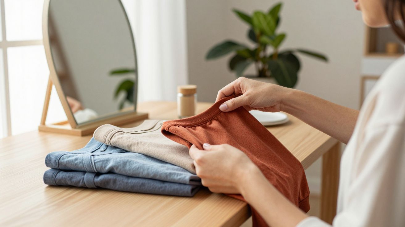 Pessoa a dobrar roupa ao lado de um espelho, em cima de uma mesa de madeira.