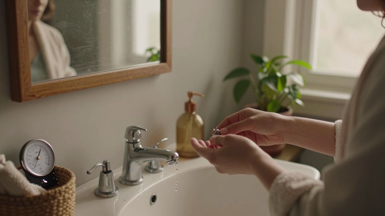 Pessoa a lavar as mãos num lavatório com torneira de metal, planta ao fundo e espelho na parede.