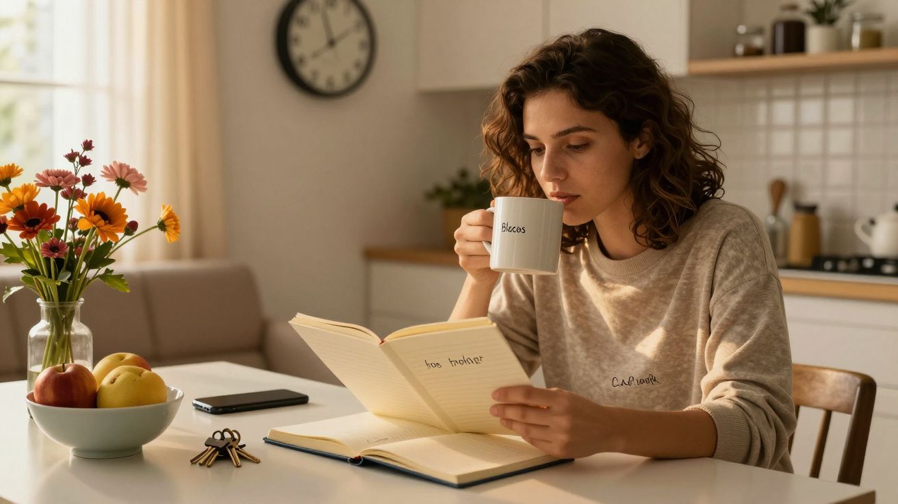 Mulher lendo livro numa cozinha, segurando chávena com bebida. Flores e taça de frutas na mesa ao sol.