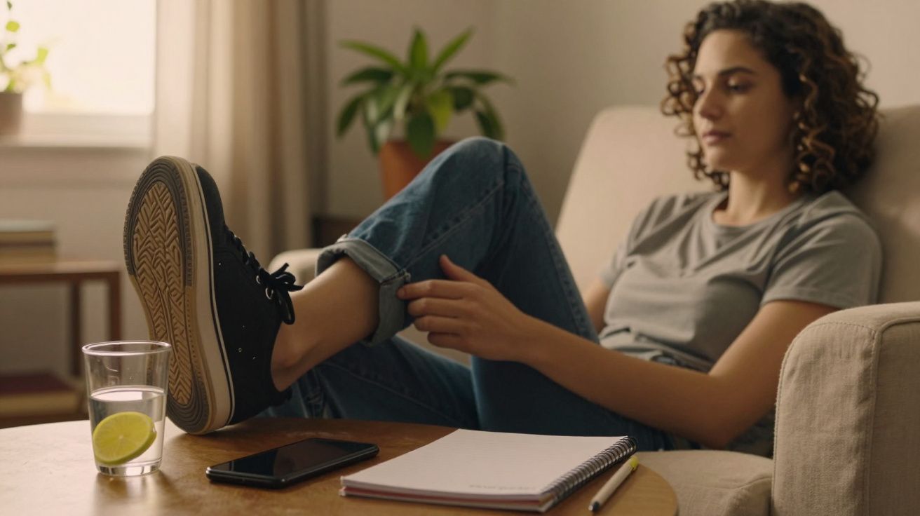 Mulher relaxa no sofá com um bloco de notas, telefone e copo de água com limão sobre a mesa.