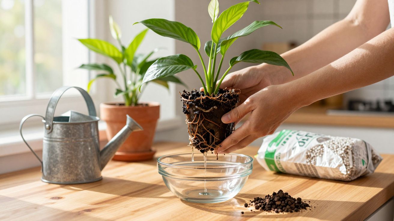 Mãos seguram planta com raízes à mostra sobre taça, perto de um regador e vaso no parapeito da janela.