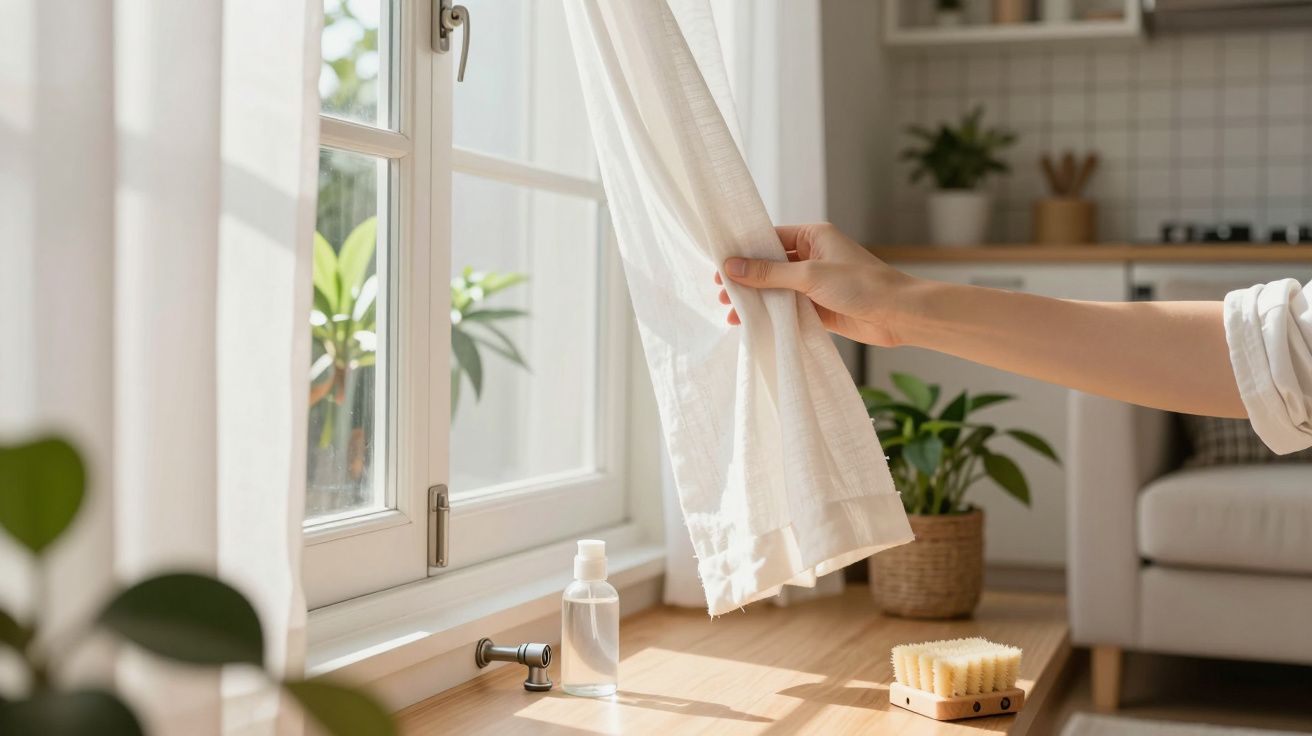 Mão afastando cortina branca numa janela com garrafa spray, esponja e plantas ao fundo numa cozinha iluminada pelo sol.