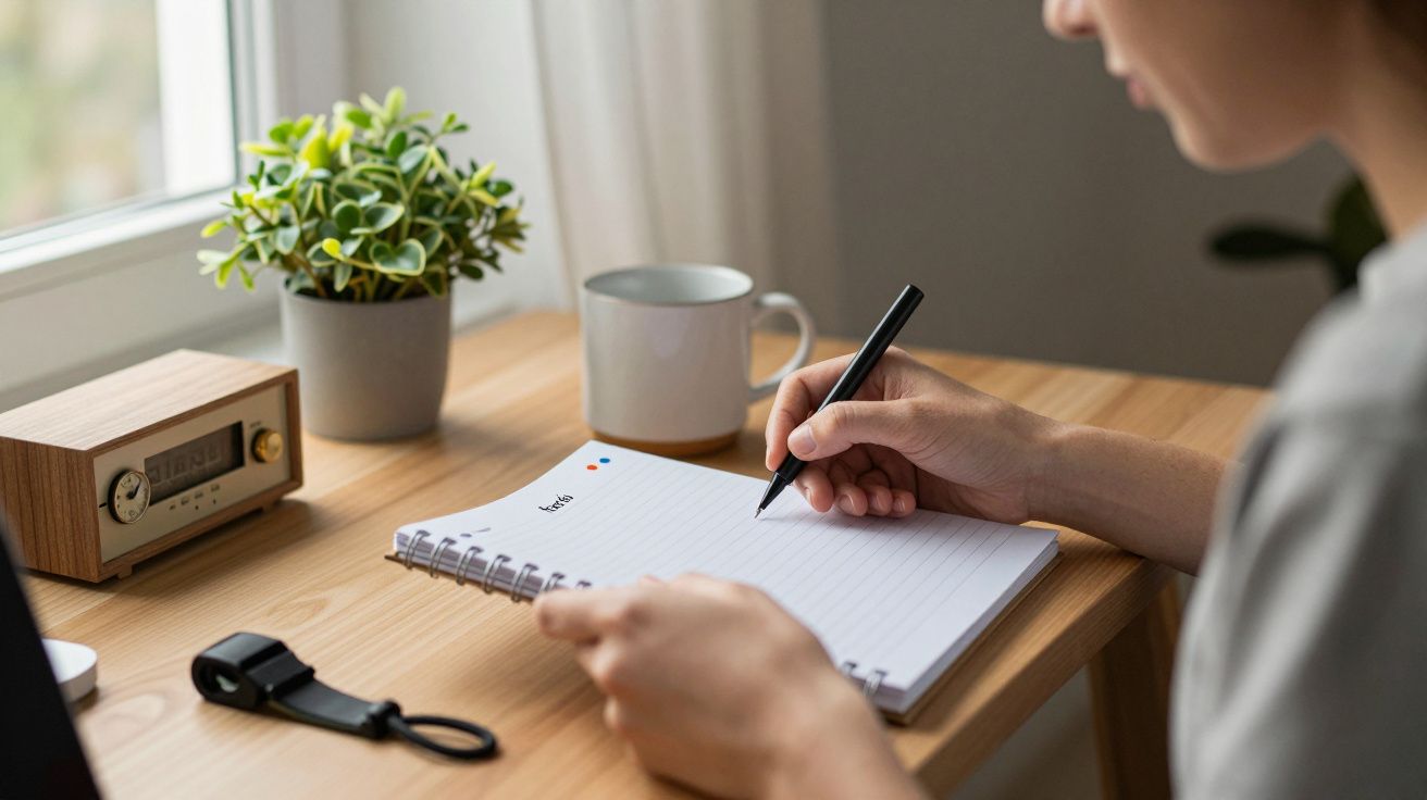 Pessoa escreve num bloco de notas em cima de uma mesa com uma planta, caneca, rádio e relógio ao lado.