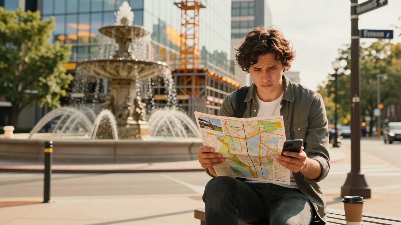 Homem sentado num banco de parque, a consultar um mapa e o telemóvel, perto de uma fonte urbana.