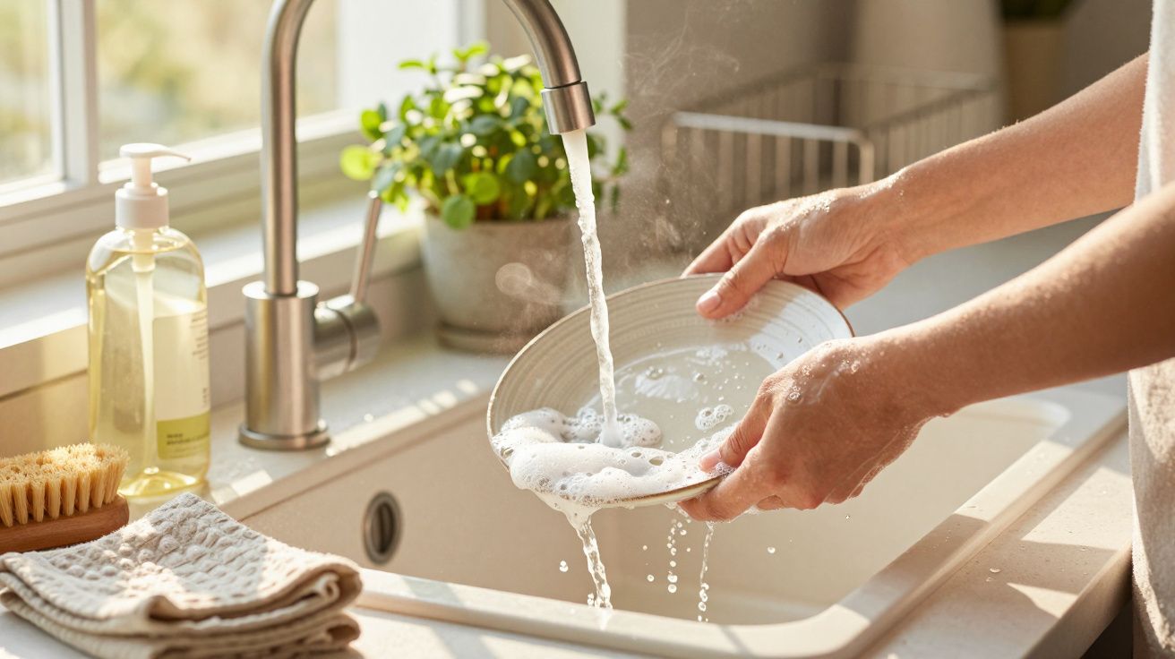 Pessoa lava prato sob torneira, espuma e sabão visíveis. Cozinha iluminada, planta ao fundo.