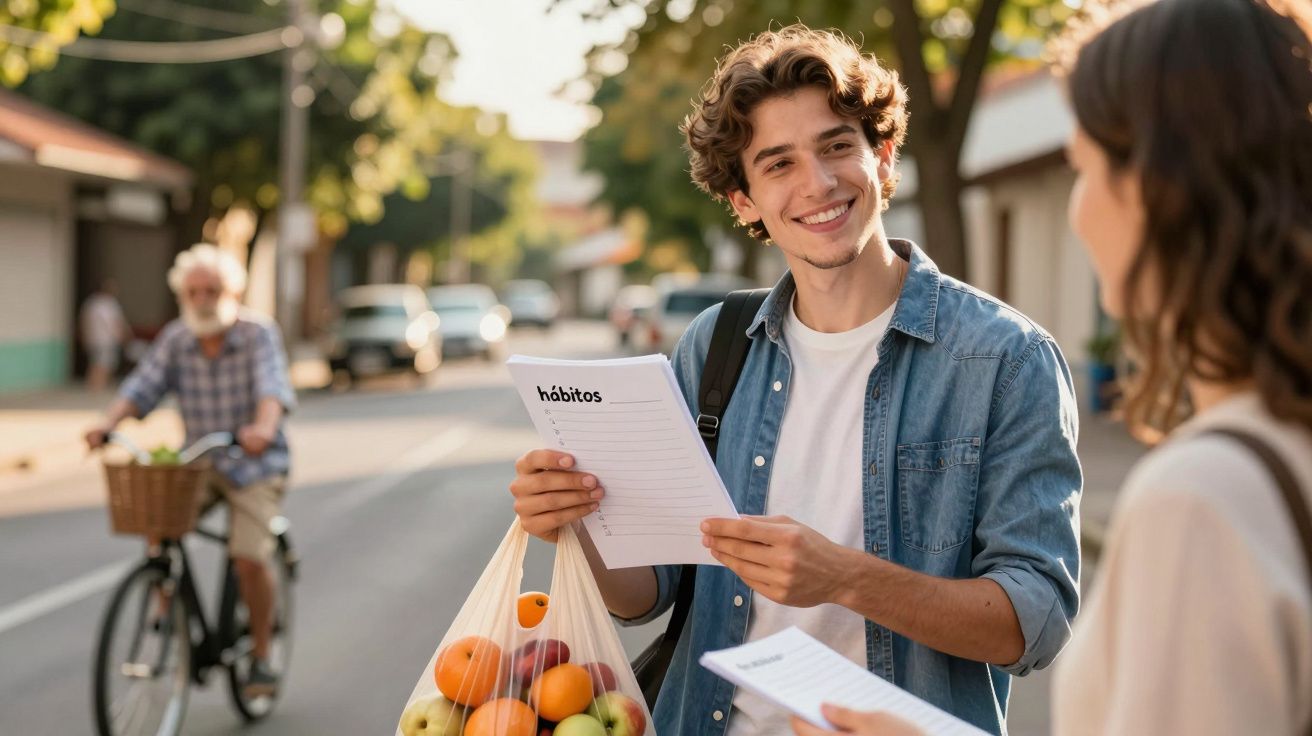 Jovem com saco de frutas e folhetos sorri para mulher na rua enquanto homem de bicicleta passa ao fundo.