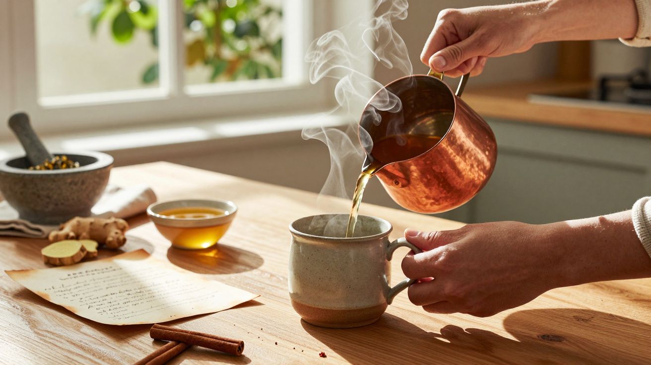 Pessoa a verter chá fumegante em caneca, ao lado de especiarias e receita em cima da mesa de madeira iluminada pelo sol.