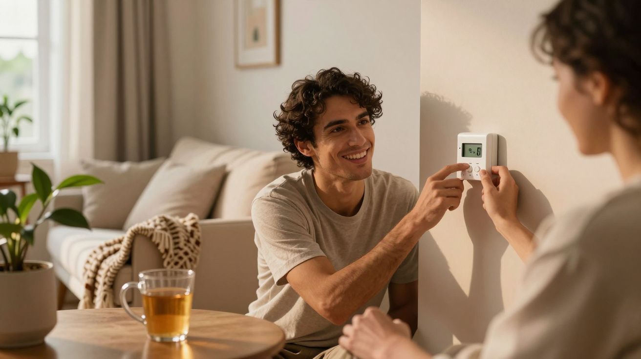 Homem ajusta termostato na parede enquanto sorri para mulher, com chá e planta sobre a mesa ao lado.