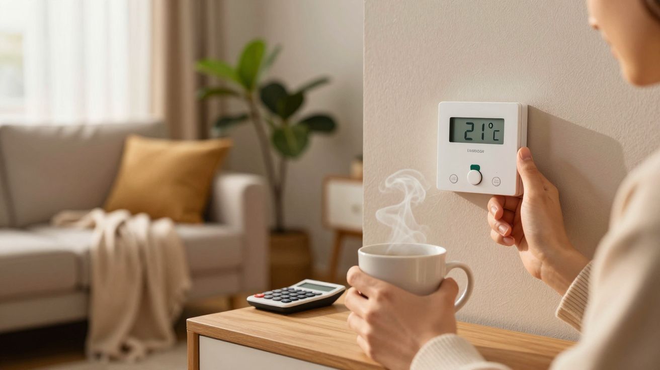 Pessoa ajusta termóstato enquanto segura chá fumegante em sala aconchegante.