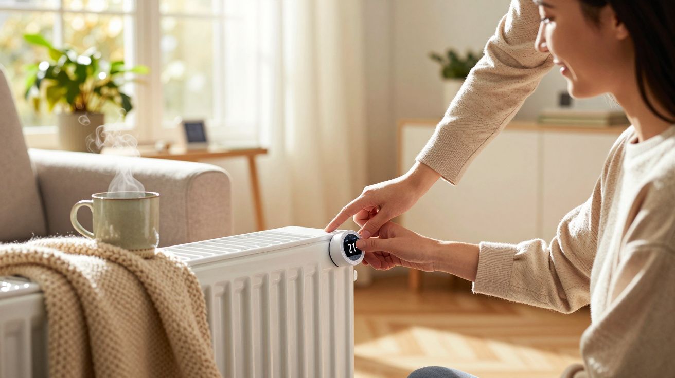 Mulher ajusta o termostato de um radiador, com uma caneca de chá quente ao lado, num ambiente acolhedor.