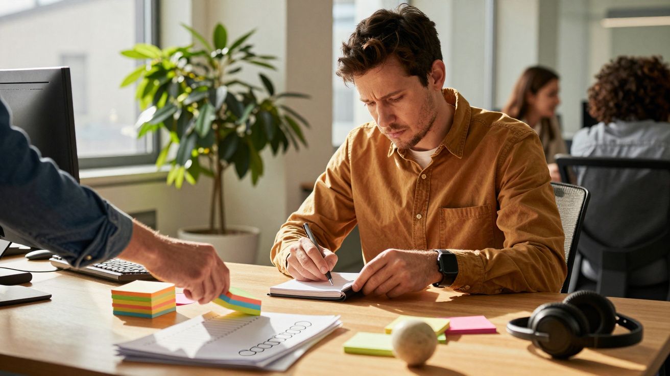 Homem escreve num bloco numa mesa de escritório, com plantas e post-its ao redor.