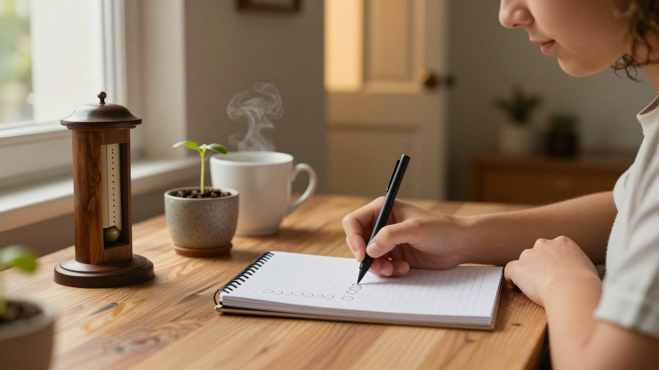 Pessoa escreve num caderno numa mesa de madeira, com plantas e uma caneca ao lado.