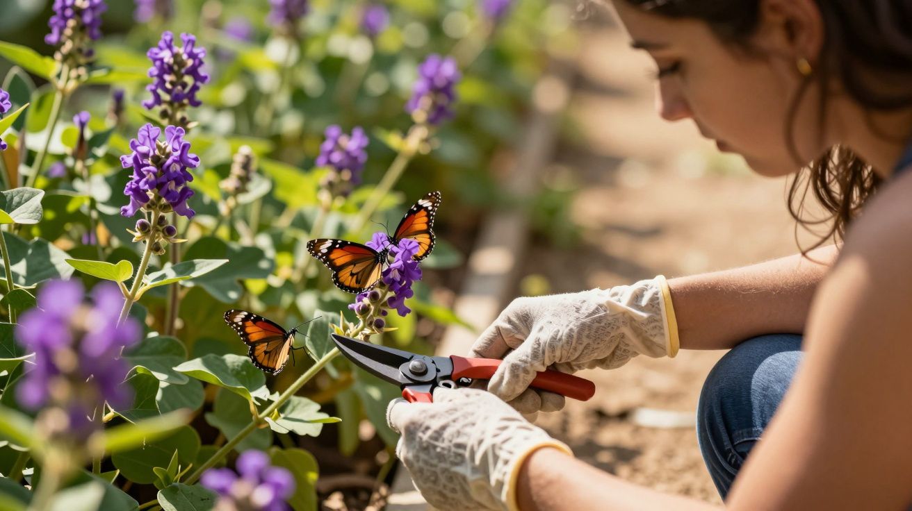 Mulher podando flores roxas num jardim, enquanto duas borboletas pousam nas flores.