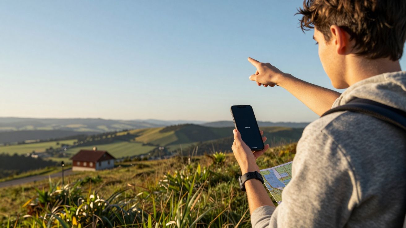 Jovem de mochila aponta para o campo, segurando um telemóvel e um mapa em paisagem verde e ensolarada.