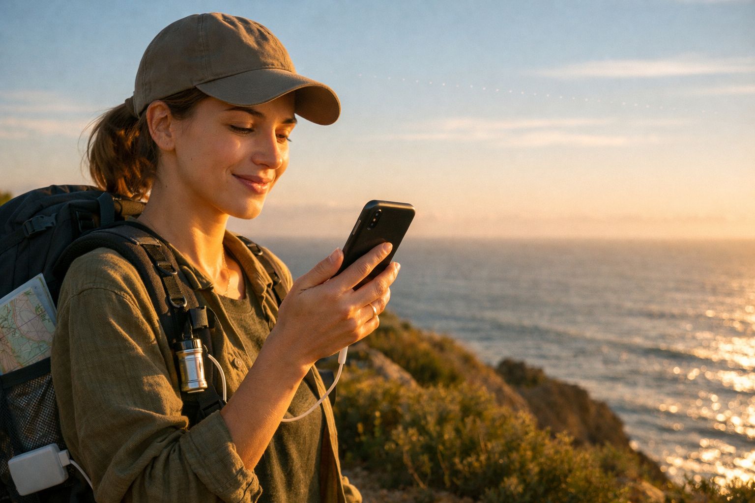 Homem sentado na relva, segurando um mapa e um telemóvel, apontando para o céu num ambiente montanhoso ao pôr do sol.