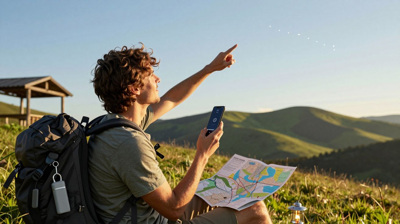 Homem sentado numa montanha, segurando mapa e telemóvel, apontando para o céu durante o pôr do sol.
