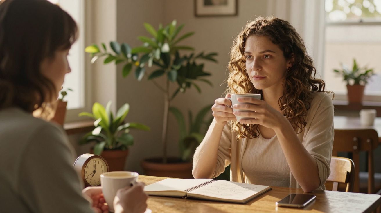 Duas mulheres conversam à mesa com cadernos e chávenas, plantas ao fundo.