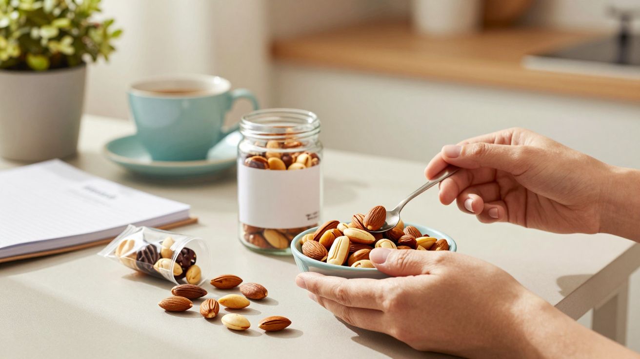 Mãos seguram taça com frutos secos em mesa, ao lado de frasco, chávena de café e bloco de notas.