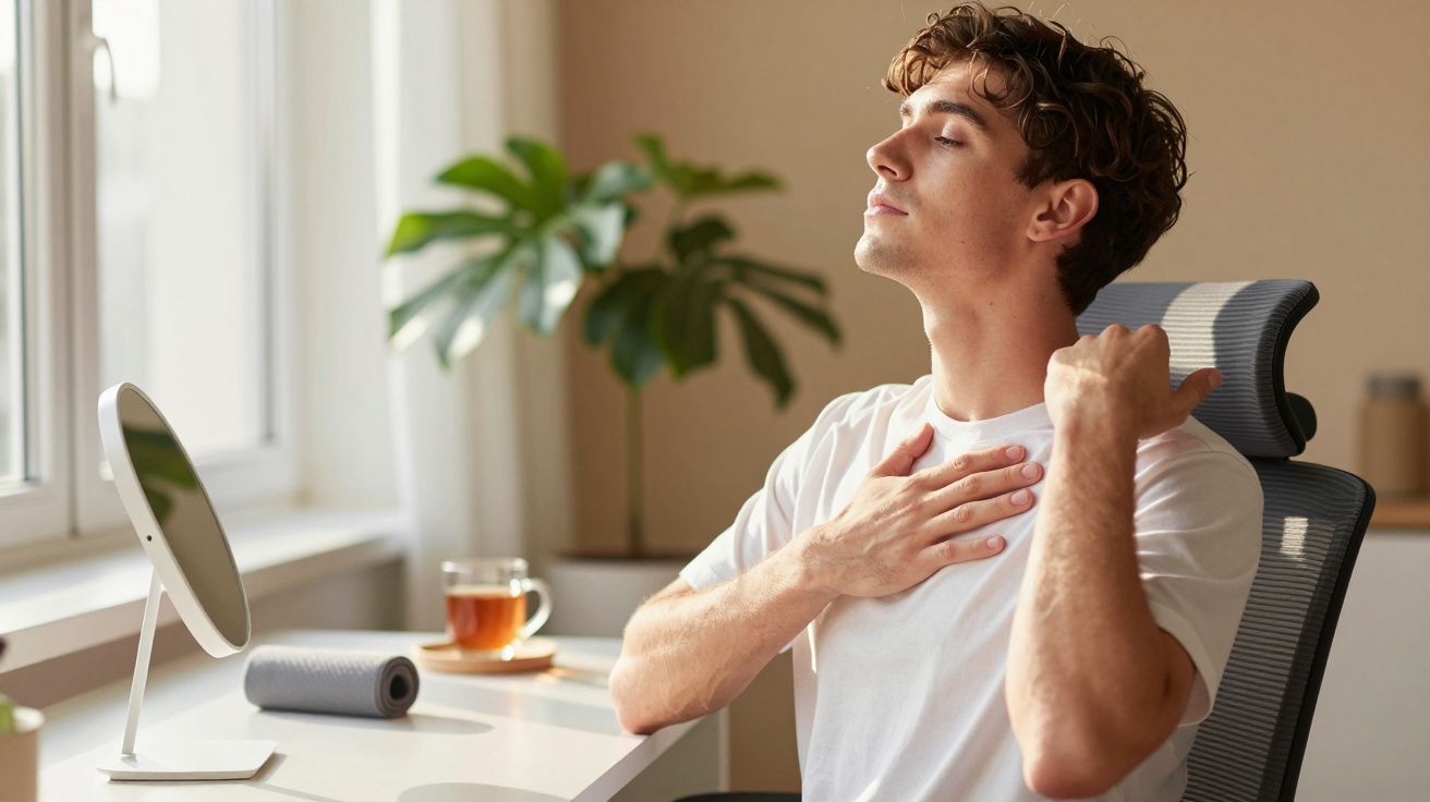 Homem em cadeira de escritório, com expressões de relaxamento, faz alongamento na frente de janela e planta ao fundo.