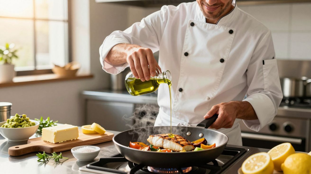 Cozinheiro a verter azeite sobre peixe na frigideira com legumes numa cozinha moderna.