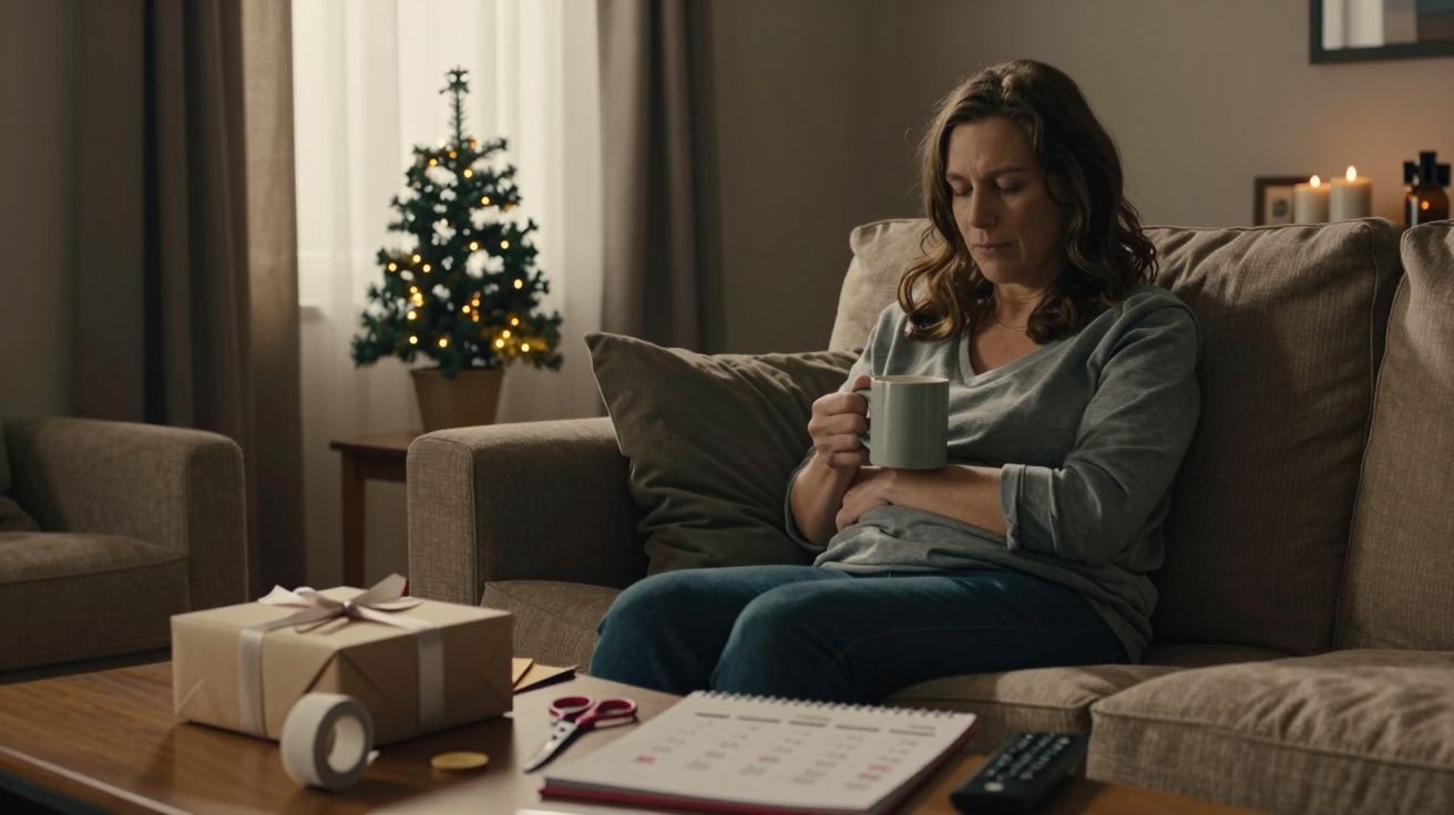 Mulher sentada no sofá, segurando caneca. Mesa com presente, tesoura, fita, calendário e comando. Árvore de Natal ao fundo.