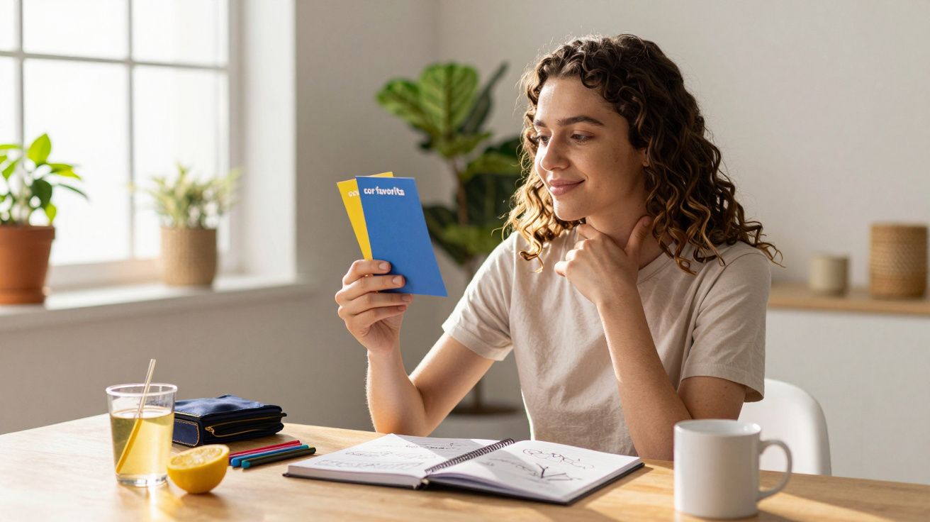 Mulher sentada à mesa, segurando dois cartões coloridos, com um caderno aberto à frente e plantas ao fundo.