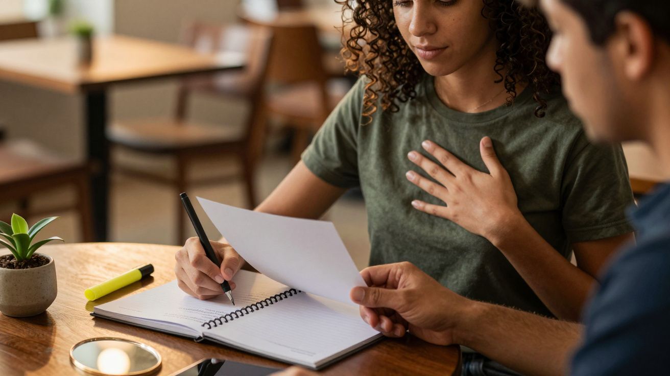 Mulher segurando papel e anotando em caderno enquanto conversa com homem em mesa de madeira, num ambiente de café.