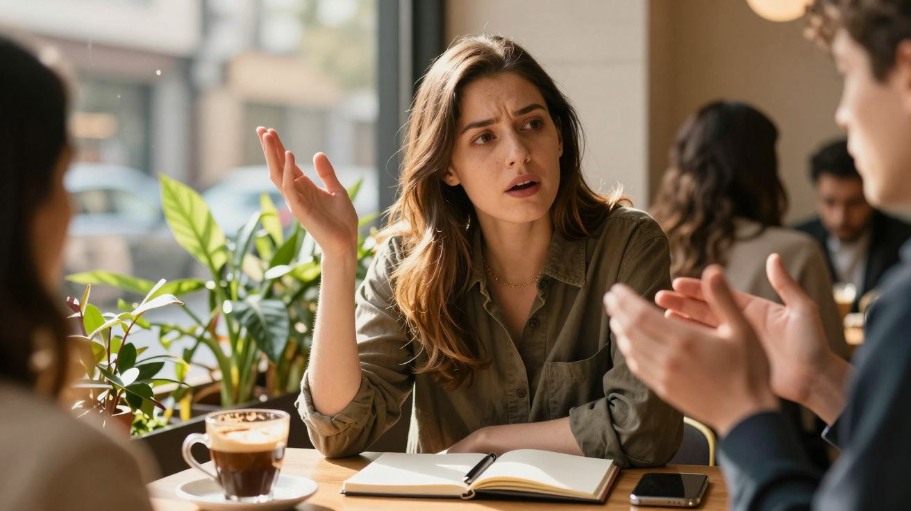 Mulher num café gesticulando enquanto conversa, com um caderno aberto e uma chávena de café à frente.