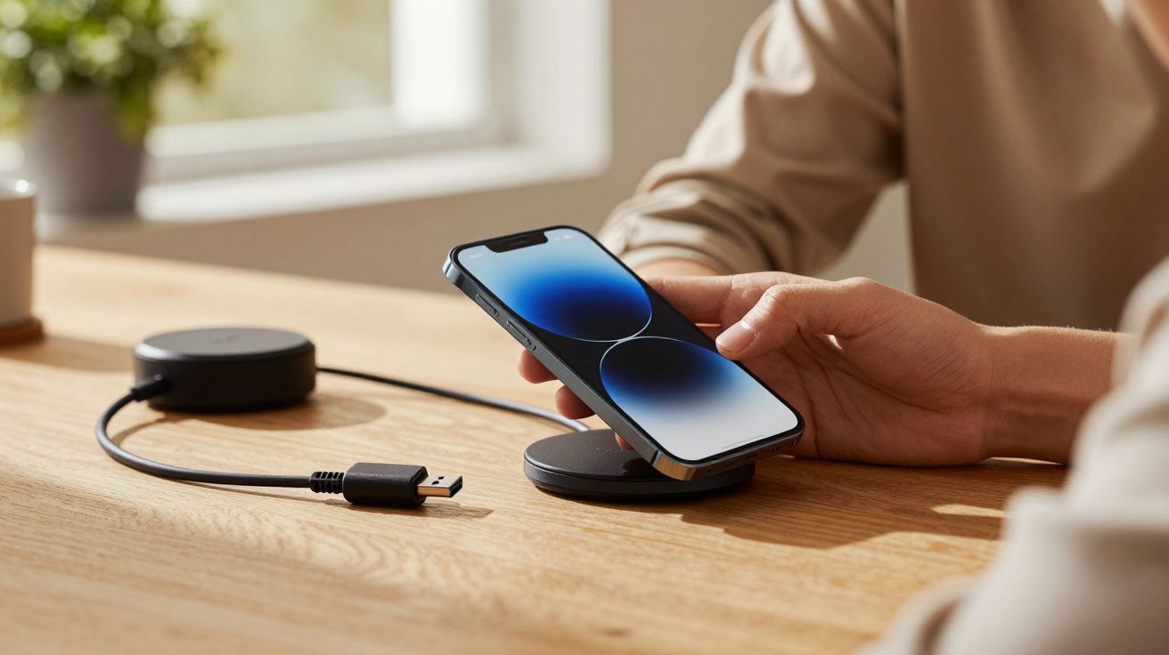 Pessoa segura um smartphone num carregador sem fios sobre uma mesa de madeira, com luz natural ao fundo.