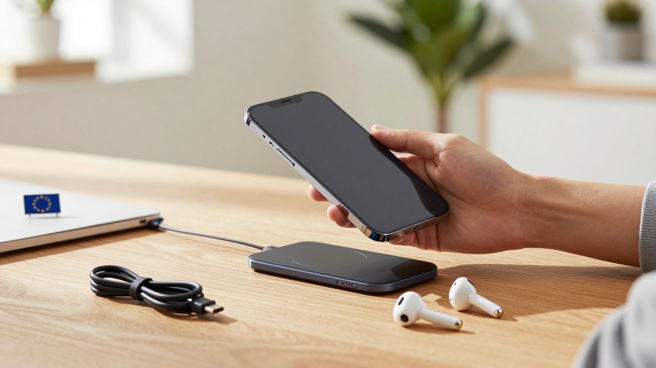 Pessoa segura um smartphone sobre carregador sem fios numa mesa com auscultadores e cabo USB ao lado.