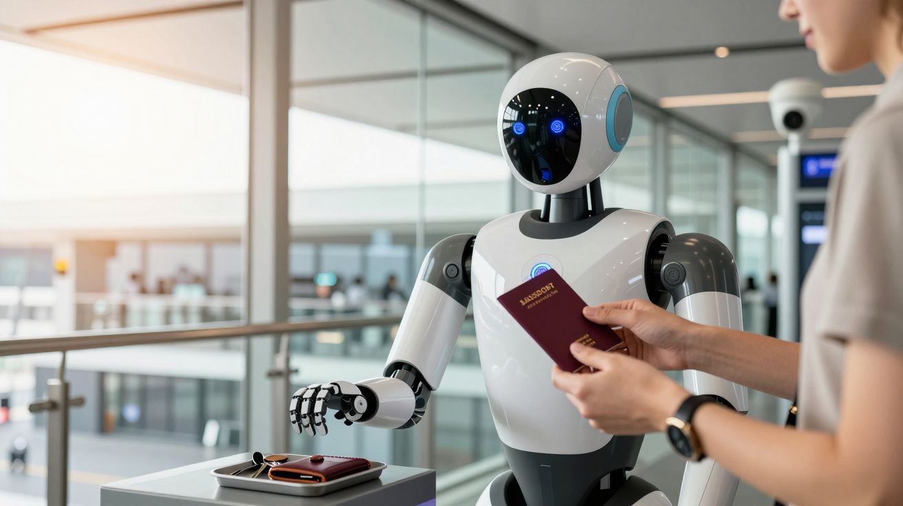 Robô humanoide a receber passaporte de pessoa em aeroporto moderno e iluminado.