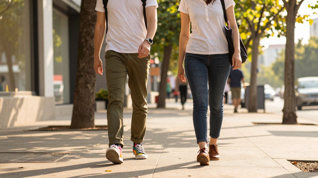 Duas pessoas a caminhar numa rua arborizada em dia ensolarado.