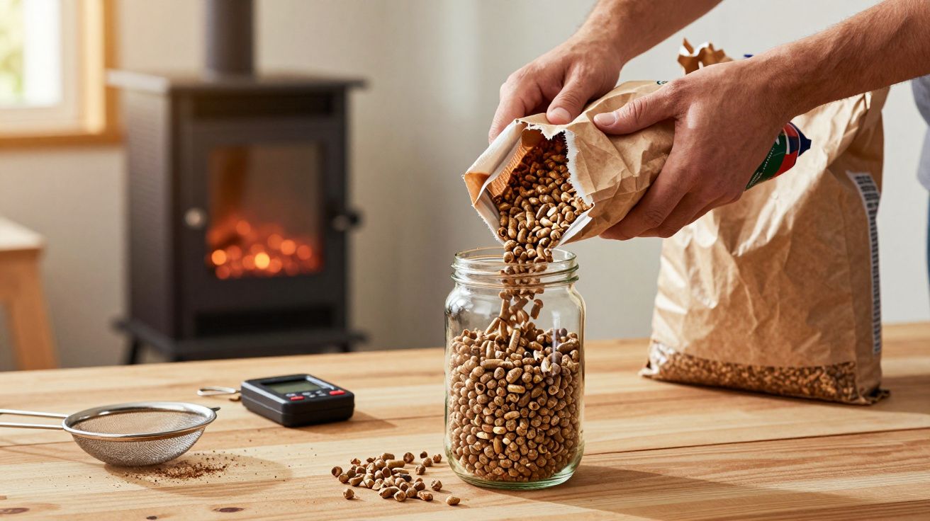 Mãos despejam pellets de madeira num frasco de vidro sobre a mesa, com um fogão a lenha em segundo plano.