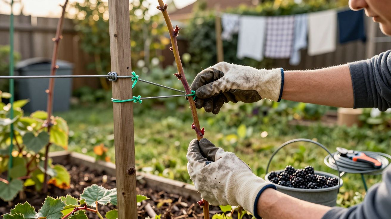 Pessoa de luvas amarra ramo de planta em jardim, cesto com amoras ao lado.