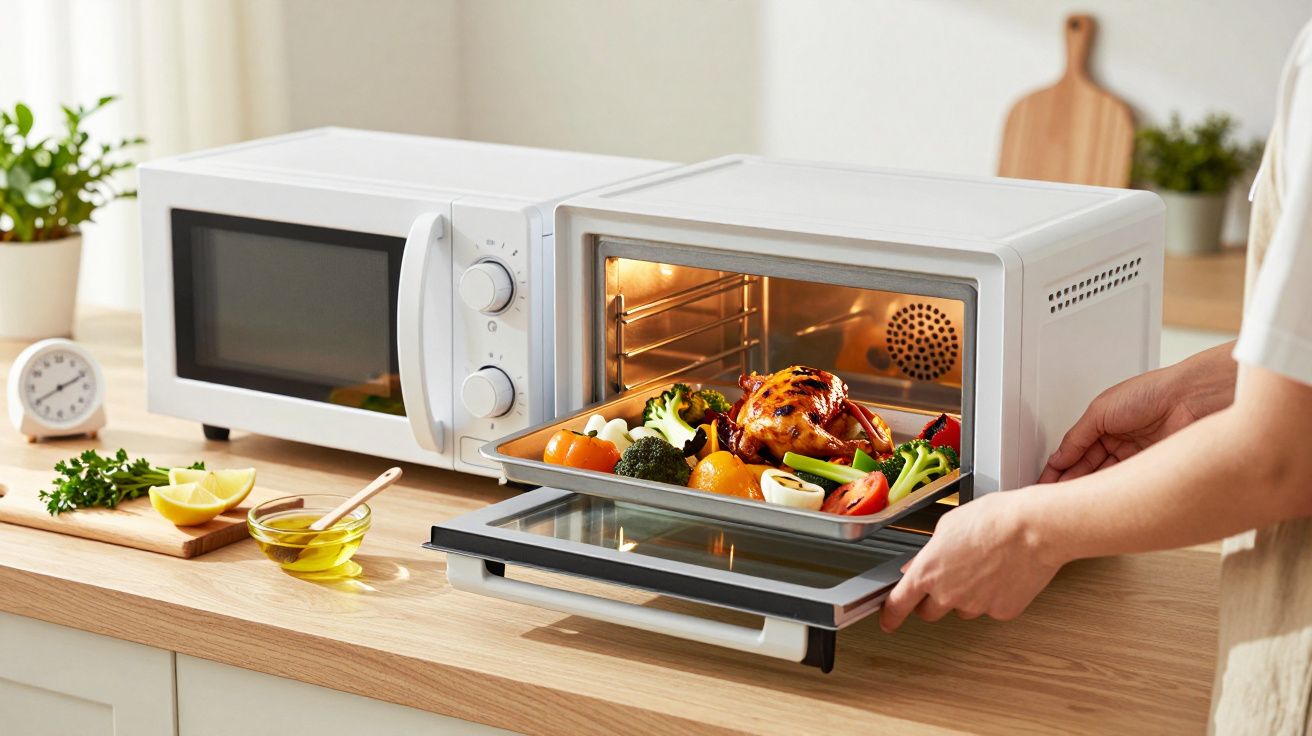 Pessoa a colocar tabuleiro com frango e legumes num forno sobre bancada de madeira com ingredientes ao lado.