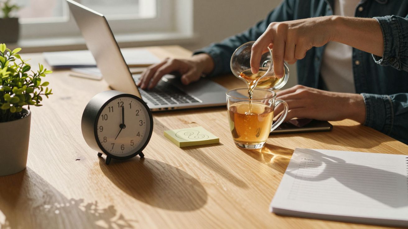 Pessoa a trabalhar num portátil numa mesa com chá, caderno, relógio e planta.