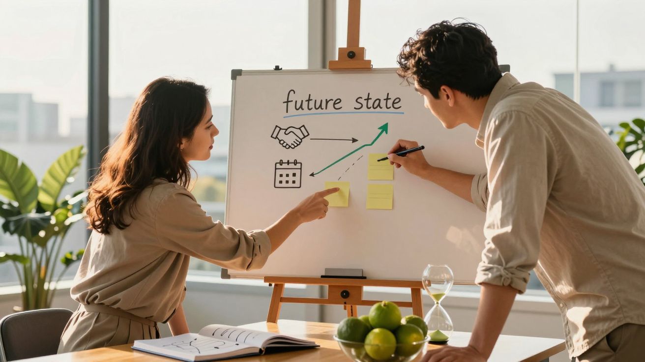 Duas pessoas discutem plano futuro num quadro, com diagramas e post-its, num escritório iluminado por luz natural.