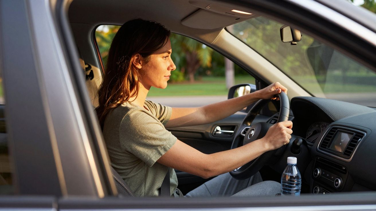 Mulher a conduzir um carro, com uma garrafa de água no porta-copos, em ambiente de luz solar.