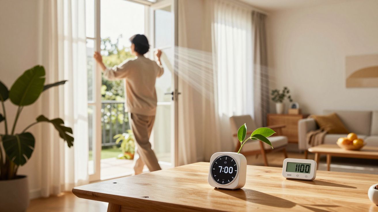 Sala iluminada com planta e relógios em cima da mesa, pessoa a abrir cortina junto à janela.