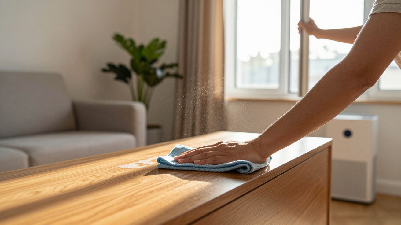 Pessoa a limpar uma mesa de madeira com um pano azul numa sala iluminada por janela, planta e sofá ao fundo.