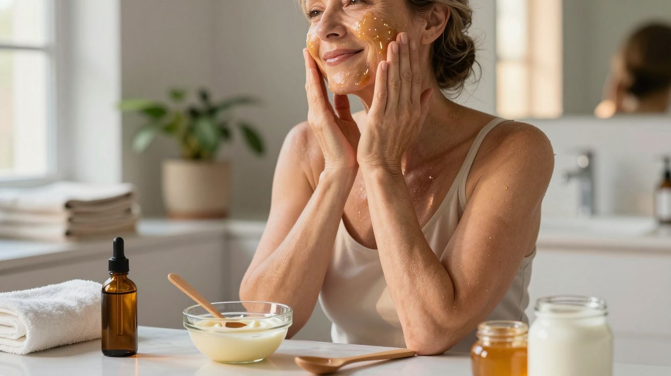 Mulher a aplicar máscara facial ao lado de produtos de beleza numa casa de banho iluminada.