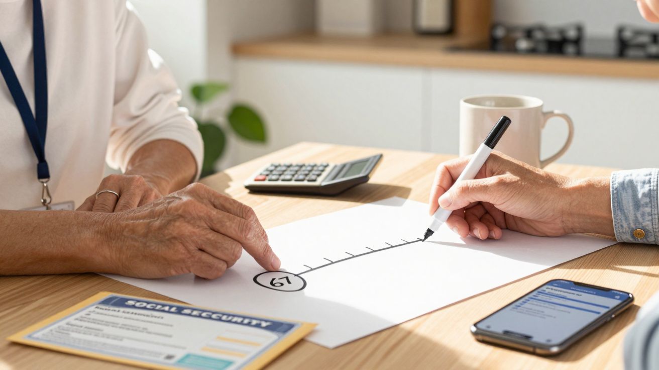 Duas pessoas planeiam a reforma com linha do tempo, documentos, calculadora e telemóvel numa mesa de madeira.