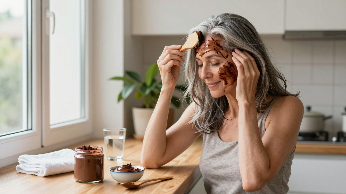 Mulher sorridente na cozinha aplicando máscara de chocolate no rosto com espátula, pote de creme ao lado.