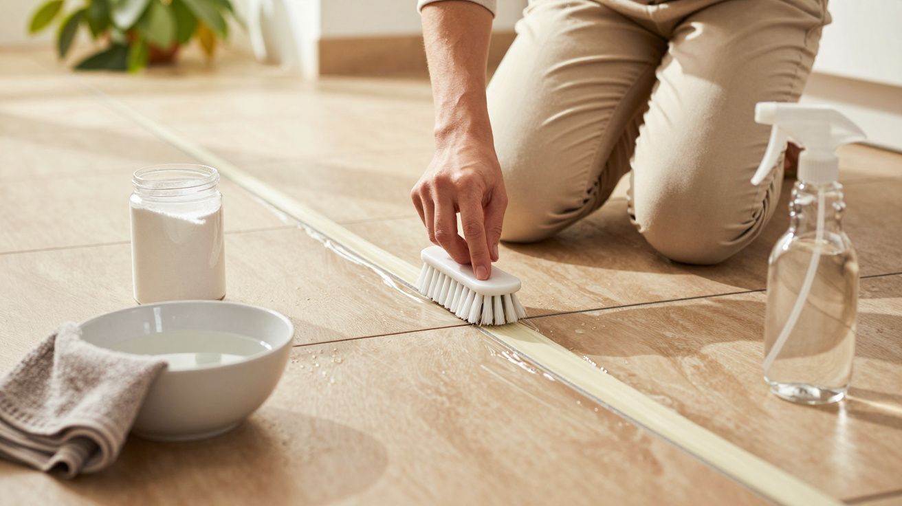 Pessoa a esfregar chão de madeira com escova e produtos de limpeza ao lado.