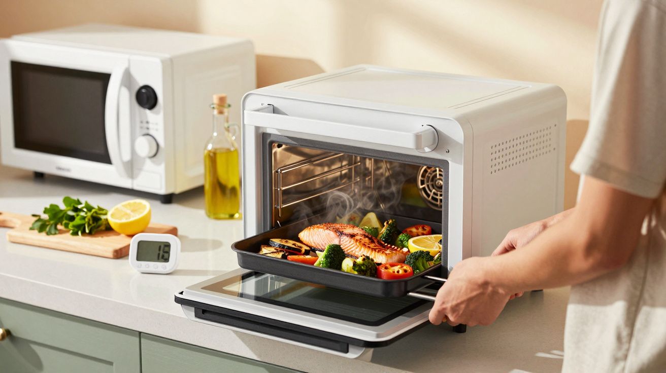 Forno elétrico na bancada com tabuleiro de salmão e legumes. Micro-ondas e azeite ao fundo.