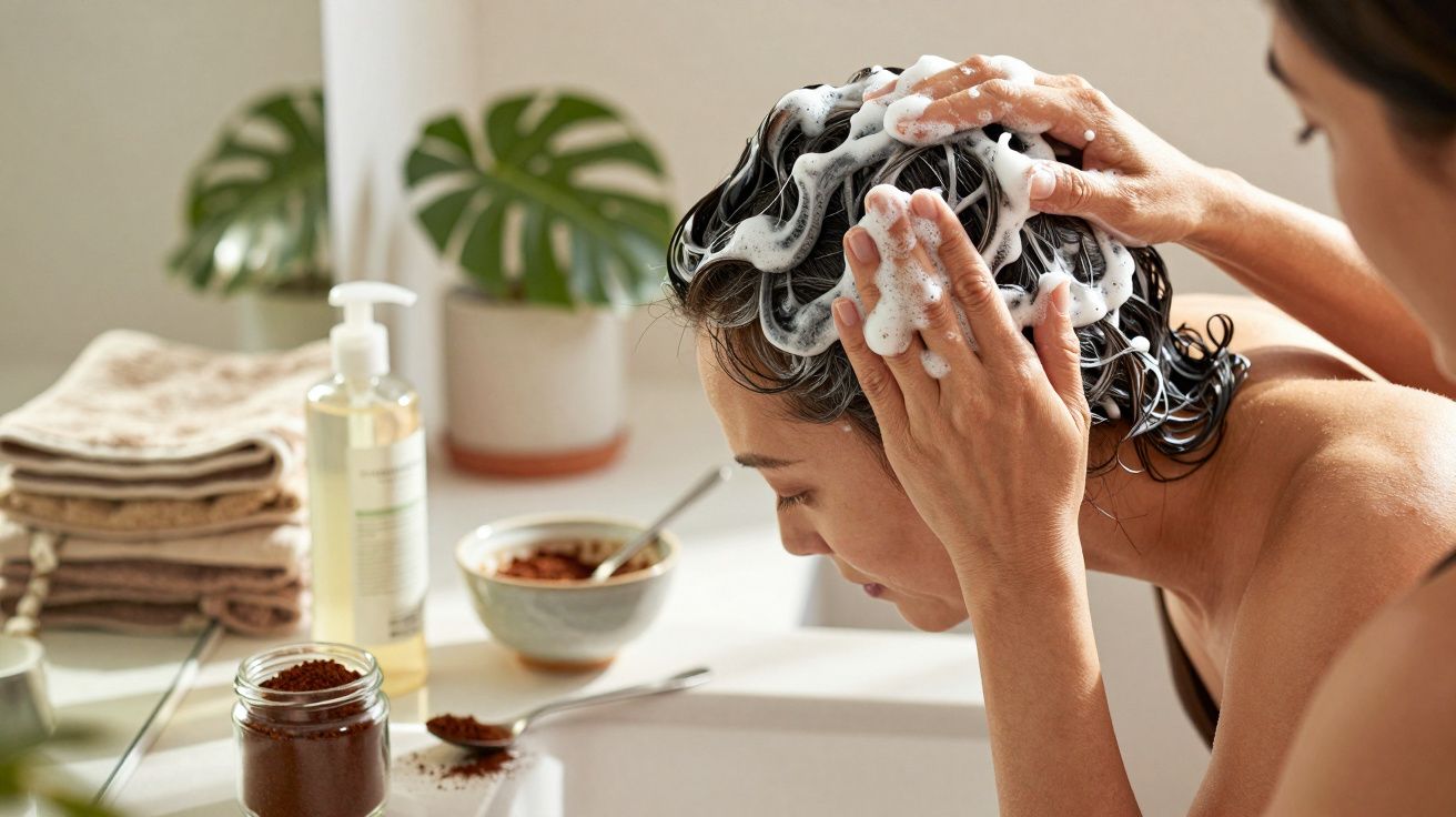 Mulher lavando o cabelo com espuma no lavatório, plantas e toalhas ao fundo.