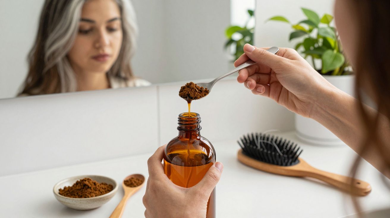 Mulher mistura pó num frasco de vidro âmbar, sentada em frente a um espelho, com escova de cabelo ao fundo.