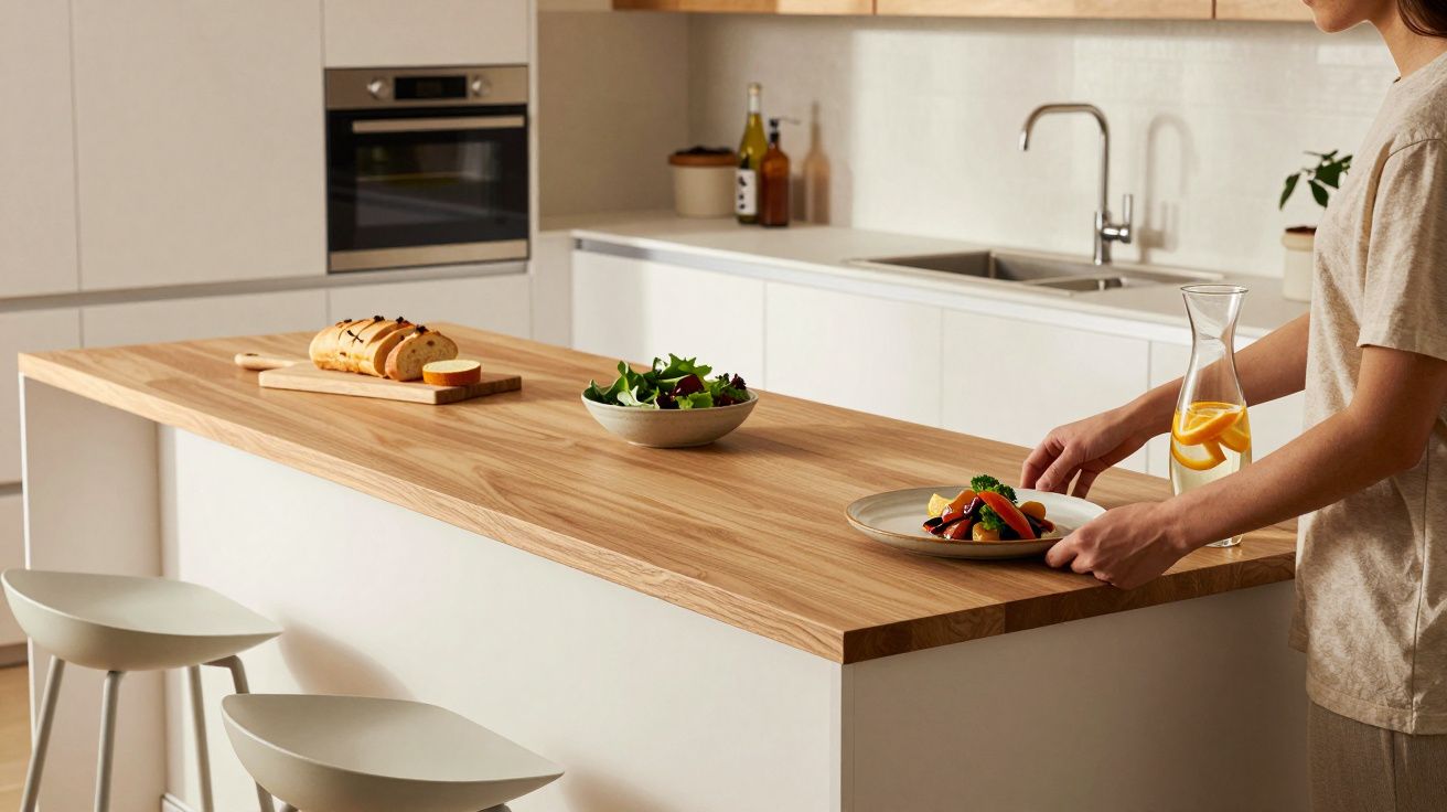 Cozinha moderna com bancada de madeira; pessoa a servir salada e bebida, pão e salada extra ao fundo.